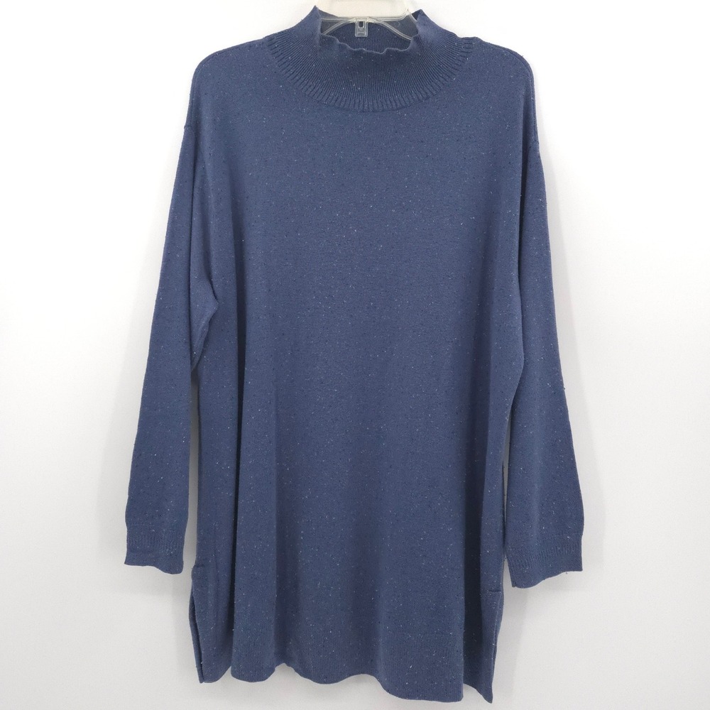 J. Jill Mock Neck Sweater Women 2X Blue Speckled Knit Cotton Silk Long Sleeve